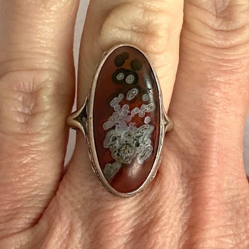 VTG Sterling Silver 925 Oval Bezel Set Ocean Jasper Split Shank Ring Sz 5.75